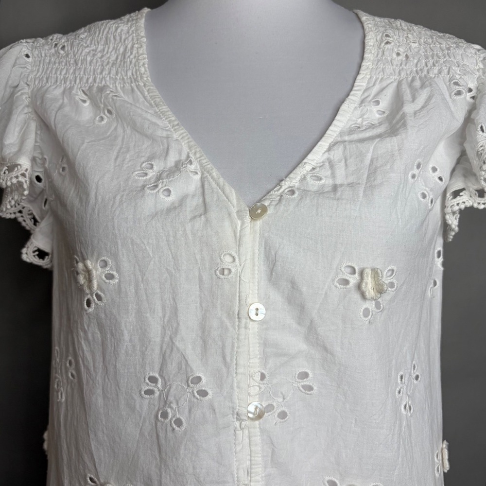 Love The Label White Eyelet Cotton Blouse Sheer Lace Flutter Sleeve Boho Top L - Picture 7 of 11
